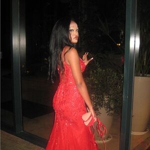 Camille La Vie Orange Pink Spaghetti Strap Backless Gown